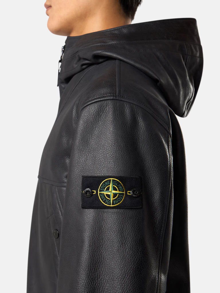 STONE ISLAND - Veste en cuir à capuche noir