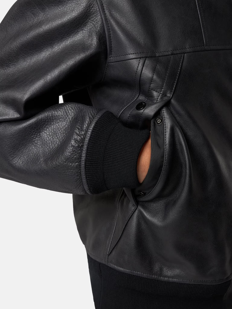 STONE ISLAND - Veste en cuir à capuche noir