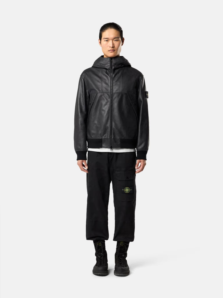 STONE ISLAND - Veste en cuir à capuche noir