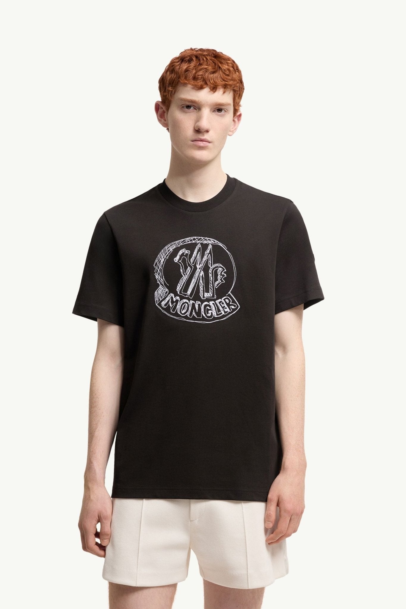 MONCLER - T-shirt en Coton à Logo Brodé Effet Croquis Noir