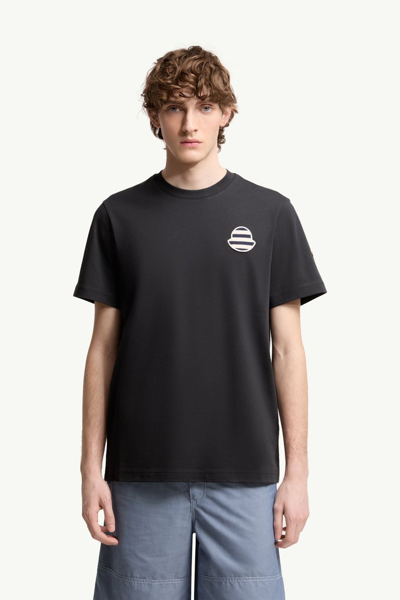 MONCLER - T-shirt rayé en jersey de coton à logo Bleu marine