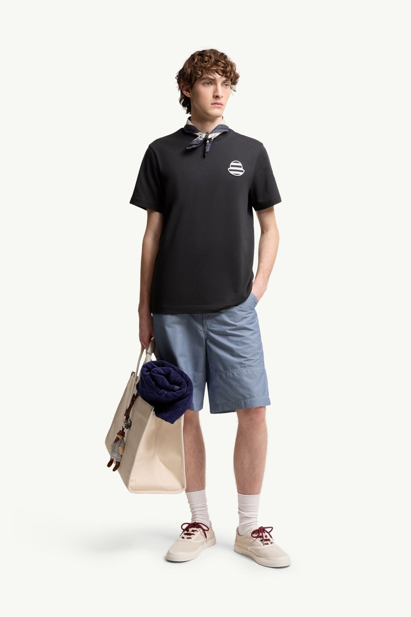 MONCLER - T-shirt rayé en jersey de coton à logo Bleu marine
